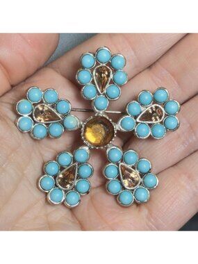 Blue Flower Brooch Vintage Turquoise Color Rhinestone Cluster Floral Pin